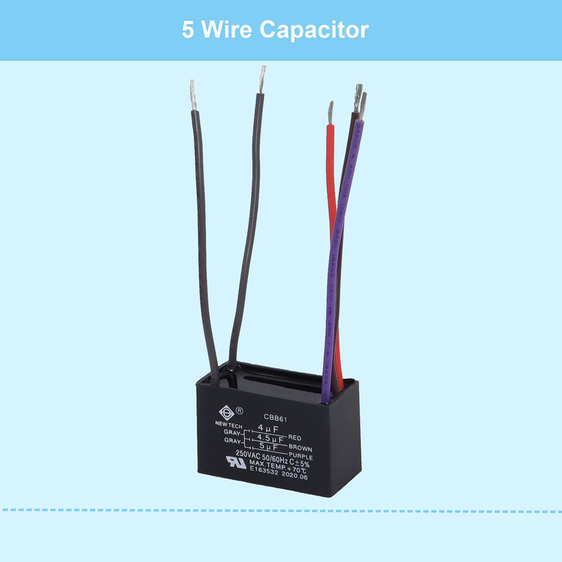 Podoy CBB61 Ceiling Fan Capacitor with 5 Wire 4/4.5/5 uf 250VAC 50/60Hz 1