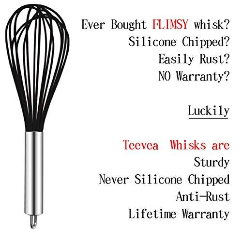 TEEVEA (Upgraded) 3 Pack Very Sturdy Kitchen Silicone Whisk Balloon Wire Whisk Set Egg Beater for Blending Whisking Beating Stirring Cooking Baking Silicone Whisk Black 3 Pack