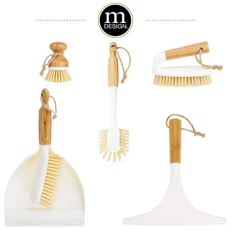 mDesign Bamboo Round Mini Palm Scrub Brush, Stiff Bristles - Wet Cleaning Scrubber - Wash Dishes, Pots, Pans, Vegetables - for Kitchen Sink, Bathroom, Household Cleaning - 2 Pack - White/Natural Wood