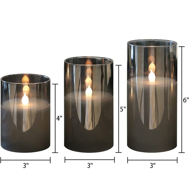 GenSwin Gray Glass Battery Operated Flameless Led Candles with 10-Key Remote and Timer, Real Wax Candles Warm White Flickering Light for Home Decoration(Set of 3) A-gray