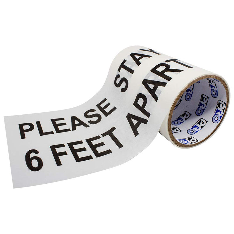 Pro 4000 Printed"Please Stay 6 Feet Apart" Tape, White Translucent Printed with Black Ink, Twenty 6"x10" Adhesive Signs Perforated on a 17ft Roll, Model Number: 840178025340