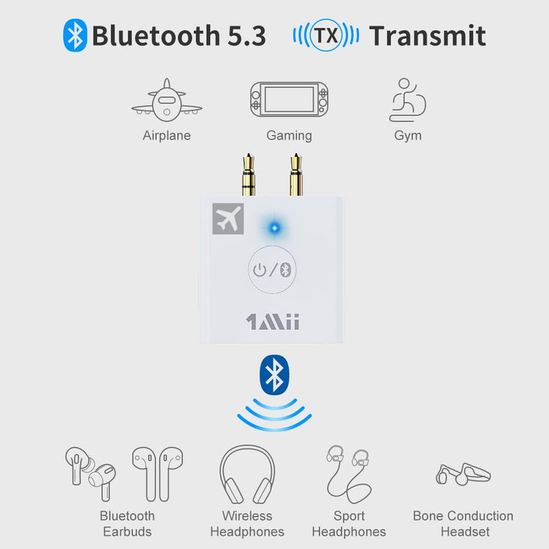 1Mii B05 Airplane Bluetooth 5.3 Adapter for Headphones W/Portable Charging Case Support aptX Adaptive/HD/Low Latency, Wireless Bluetooth Audio Transmitter for Use on Airline or in Gym White