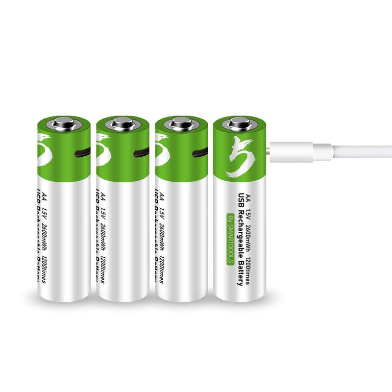 USB AA Lithium ion Rechargeable Battery, High Capacity 1.5V 2600mWh Rechargeable AA Battery, 1.5 H Fast Charge, 1200 Cycle with Type C Port Cable, Constant Output,4-Pack 4* AA battery