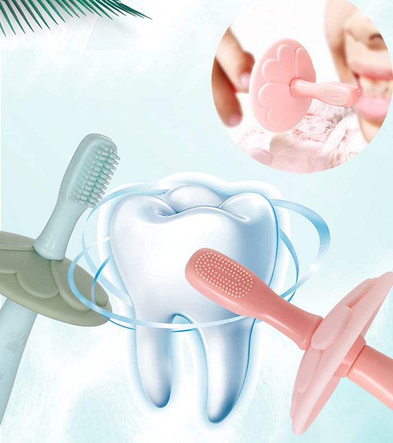 Baby Toothbrush Toddler Training Toothbrush Teether with 3 Brush Head, Extra Soft Finger Toothbrush for Infant/Children's Oral Hygiene, Food Grade Silicone, Anti-Choking Baffle - 2 Pack