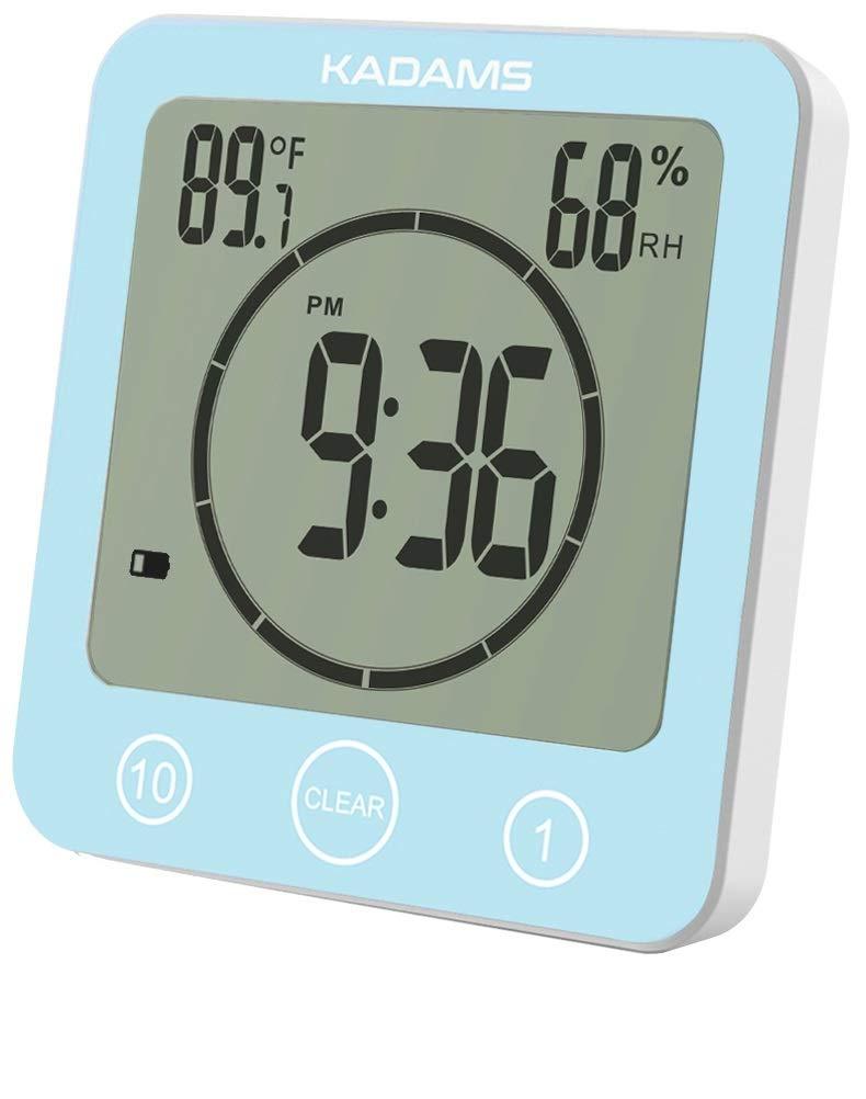 KADAMS Digital Bathroom Shower Kitchen Clock Timer with Alarm, Waterproof for Water Splashes, Visual Countdown Timer, Time Management Tool, Indoor Temperature Humidity, Suction Cup, Hole Stand - Blue