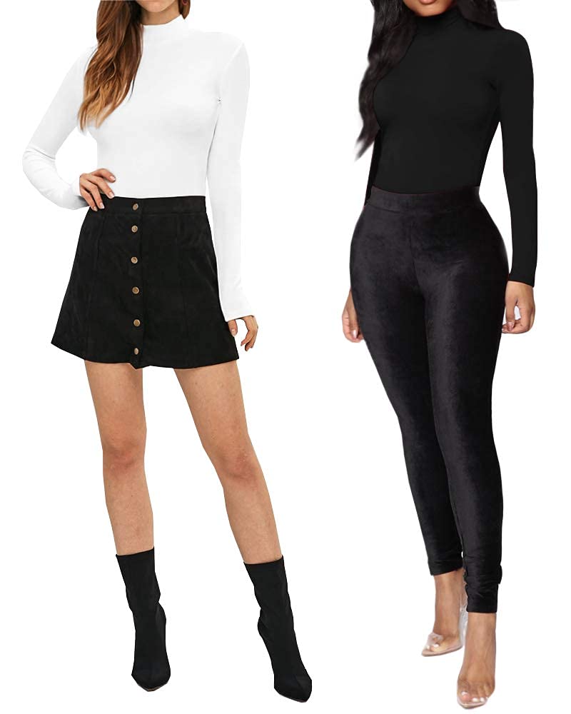 MANGOPOP Women's Mock Turtle Neck Long Sleeve Tops Bodysuit Jumpsuit A Long Sleeve Black X-Small
