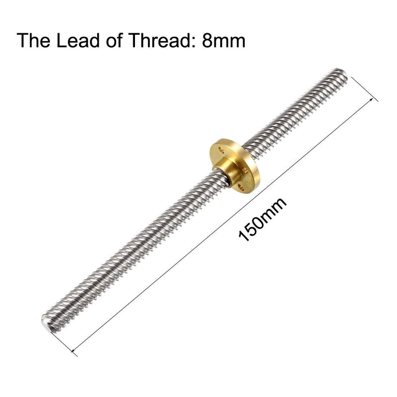 uxcell 150mm Length T8 8mm Dia Lead Screw Rod,8 Lead Stainless Steel Lead Screw Rod with Copper Nut Trapezoidal Thread for 3D Printer Z Axis2pcs