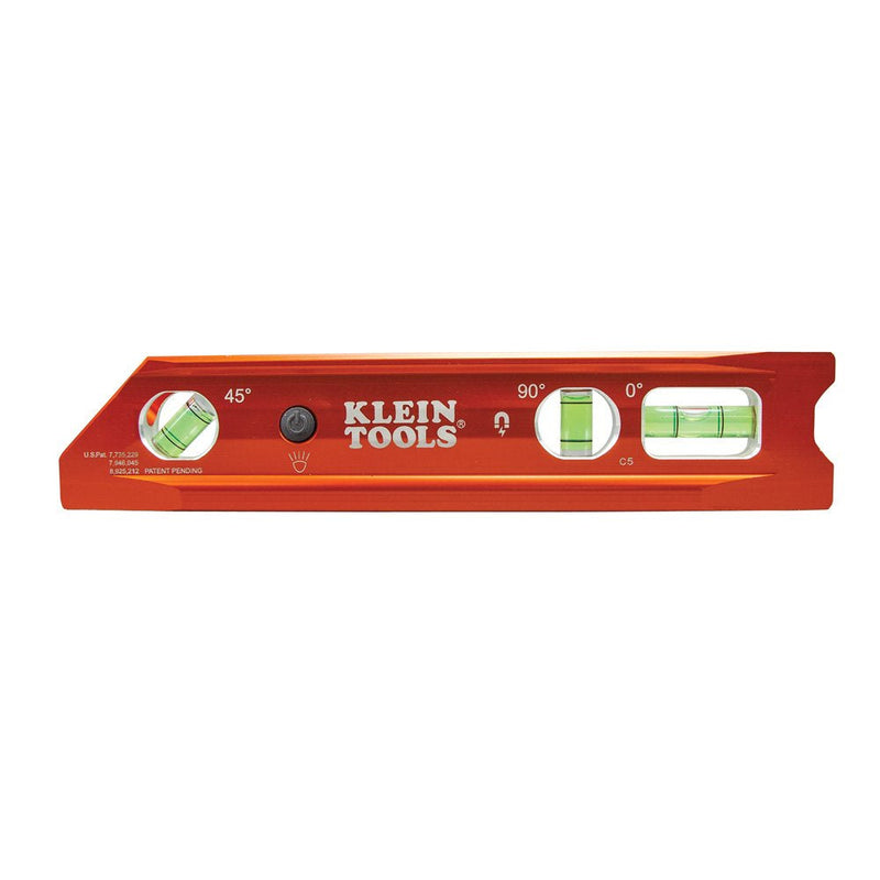 Klein Tools 935RBLT Level, 9-Inch Lighted Torpedo Level with Magnet, 3 Vials and V-Groove, Water and Impact Resistant, For Conduit Bending