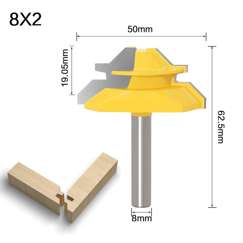WSOOX 45 degree glue cutter miter milling cutter set, 3 pieces 8 mm shank glue cutter router bit, 45° lock miter router bit woodworking cutting tool for engraving machine trimming machine 3 pieces