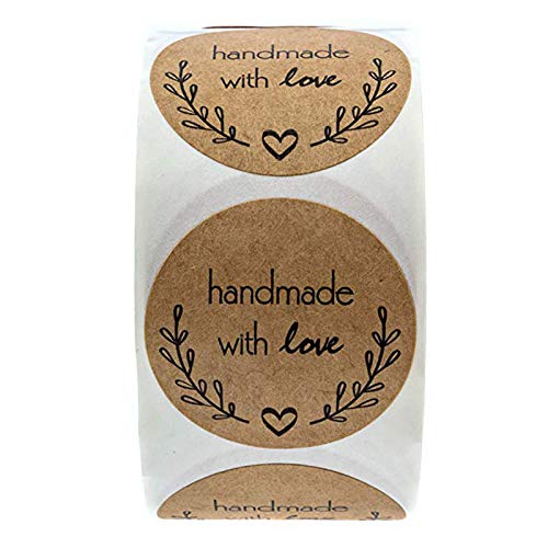 Kraft Paper Handmade with Love Stickers,Olive Branch Round Adhesive Stickers for Wedding Birthday Party Gift Wrap Bag Baking Packaging Envelope Seals Small Business