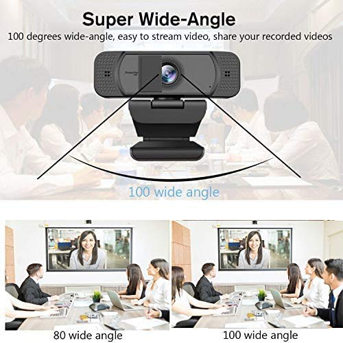 Webcam HD 1080p-Streaming Webcam with Privacy Cover for Desktop Computer PC,100° Wide-Angle View with Stereo Microphone, USB Webcam Plug and Play,Low-Light Correction Black