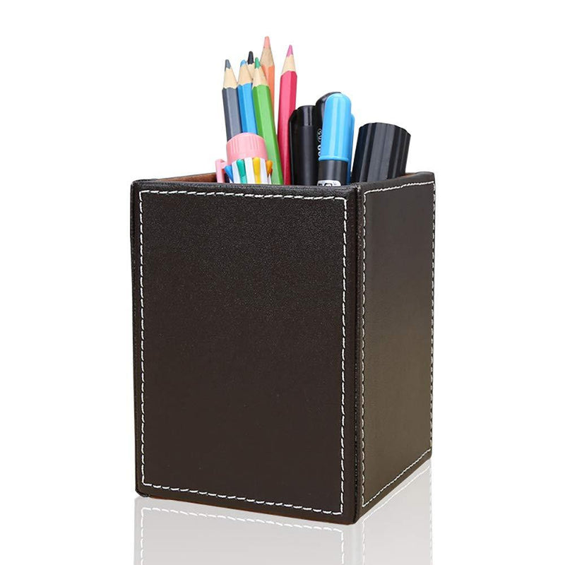 KINGFOM PU Leather Square Pens Pencils Holder Cup Desktop Stationery Organizer Case Office Accessories Container Box Brown Brown-S