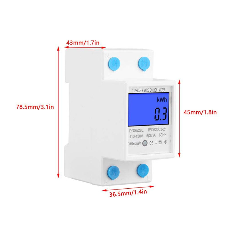 KWh Meter, Small 5-32A 110-130V 60Hz DDS528L LCD Backlight Single Phase Energy Electric Meter 35mm DIN Rail Mounting, Electric kWh Meter