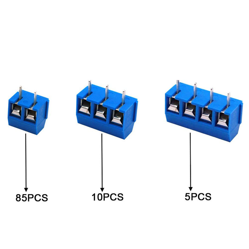 Greluma 100pcs 5mm Pitch 2 Pin&3 Pin&4 Pin PCB Screw Terminal Block 300V 16A,Blue(85x2 Pin,10x3 Pin,5x4 Pin) 100 2/3/4 Pin