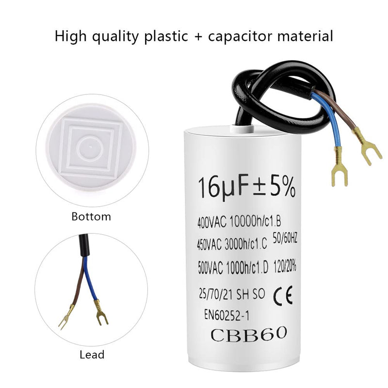 Pack of 2 capacitor CBB60 16µF 450V 50/60 Hz working capacitor with 20cm connection cable and cable lugs starting capacitor motor starting capacitor 16uF | 74x37mm