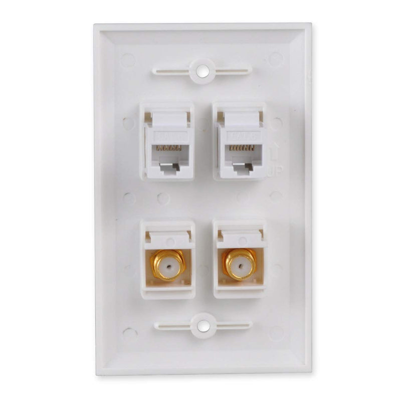 Conwork Ethernet & Coax Wall Plate - Cat6 Coax Keystone Wall Plate with 2 RJ45 Ethernet Ports + 2 TV Coax Cable/F-Type Insert Jacks