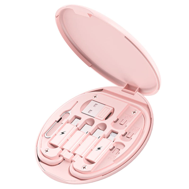 Multi USB Charging Adapter Cable Kit, USB C to Lighting Adapter Box, Conversion Set USB A & Type C to Male Micro/Type C/Lightning, Data Transfer, Card Storage, Tray Eject Pin, Phone Holder (Pink) pink
