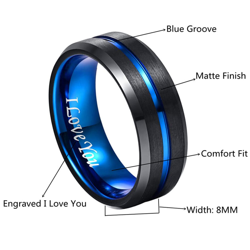 NUNCAD 4mm/6mm/8mm/10mm Tungsten Ring for Men Women Black/Blue/Gold/Rose Gold/Silver Groove Wedding Bands Beveled Edges Engraved I Love You Size 4 to 17 8mm-Black Blue I Love You 6