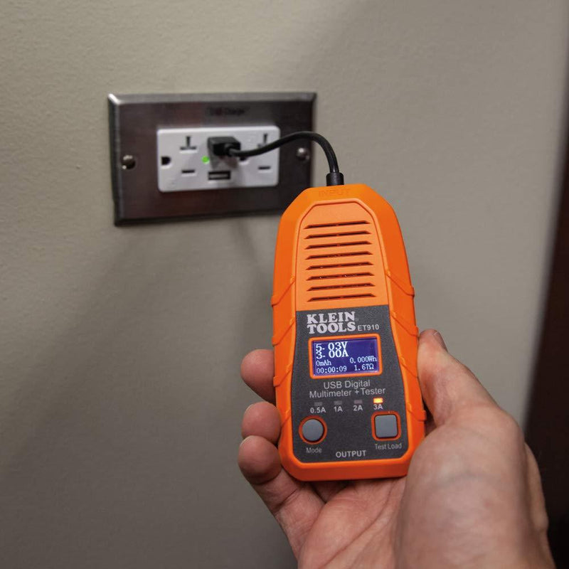 Klein Tools ET910 USB Power Meter and Tester, USB-A Digital Meter for Voltage, Current, Capacity, Energy, Resistance, Max Current USB-A Tester and Meter