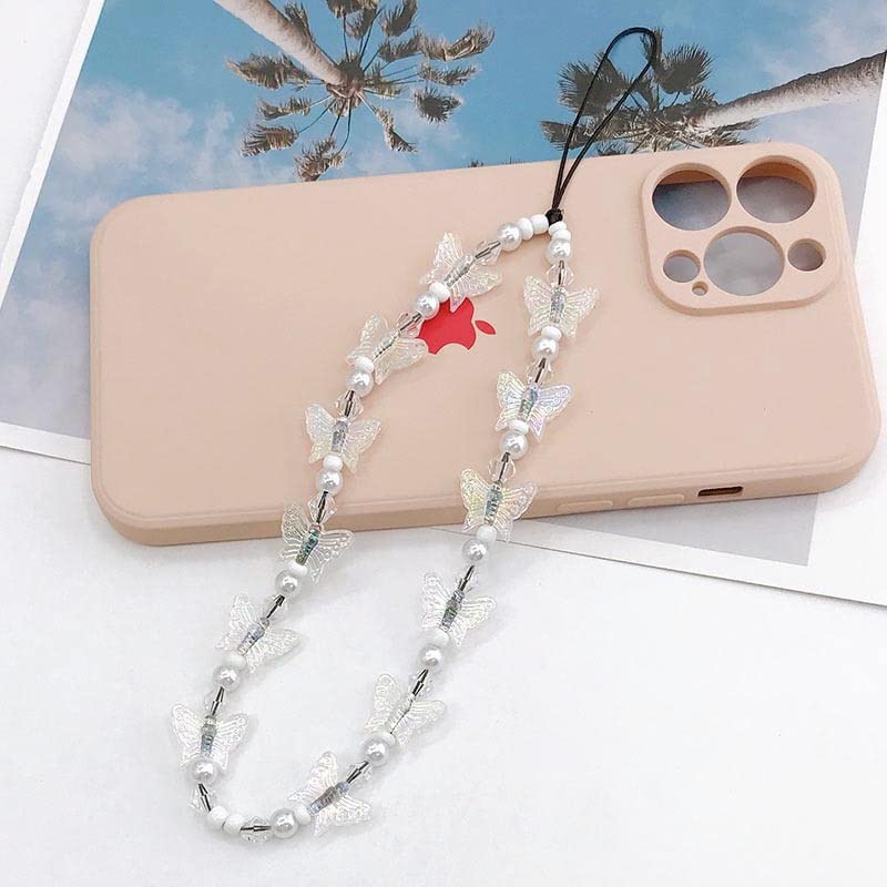 1-2 PCS Natural Stone Cell Phone Lanyard Strap Charms- Handmade Colorful Beaded Butterfly Charms for Women Girl, Rainbow Keychain white