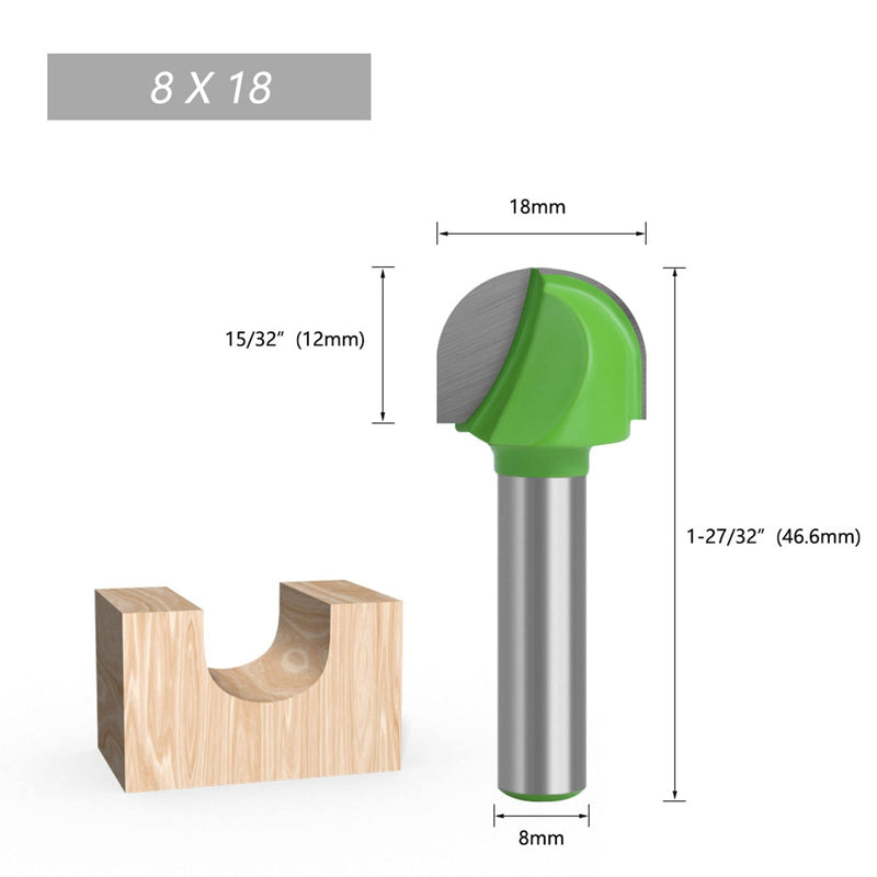 BIGP 5 pieces 8 mm shank round nose cove core box cutter carbide router bit groove cutter ball cutter woodworking cutter (diameter 16/18/22/25/32 mm)