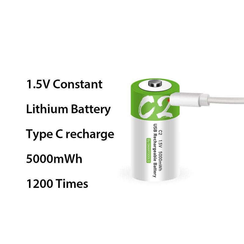 Rechargeable C Batteries 1.5V 5000mWh USB Lithium ion Rechargeable C Battery with USB Type C Charging Cable, High Capacity Fast Charge, 1200 Cycles Constant Output, Over-Charge Protection,2-Pack 2* C battery