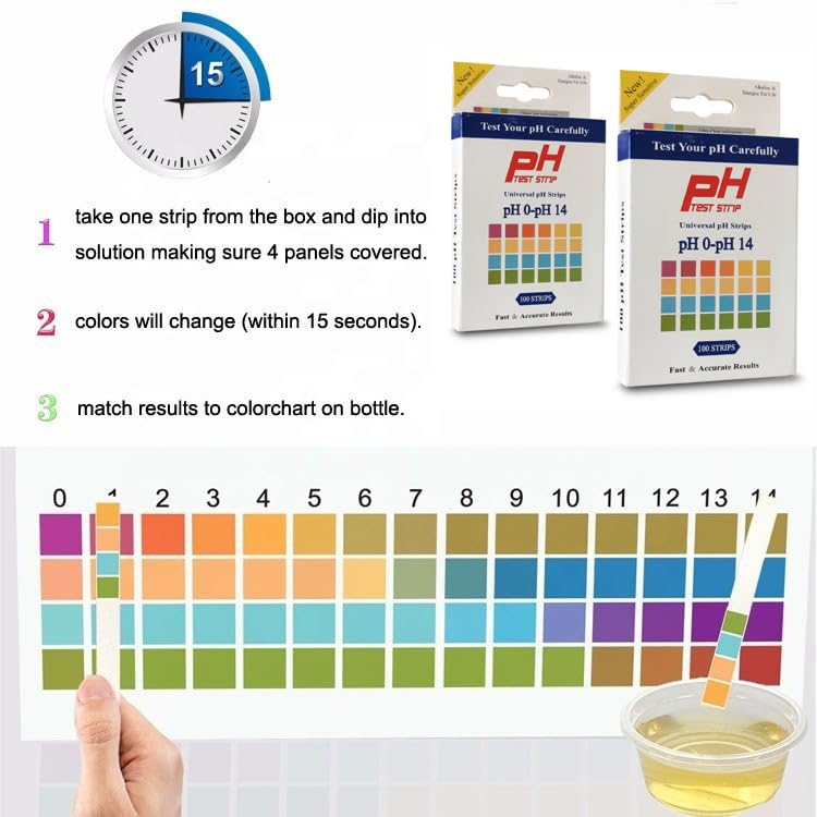 100pcs pH test strips kit, universal application (pH 0-14), testing pH for saliva, soap, urine, liquids, water, laboratory