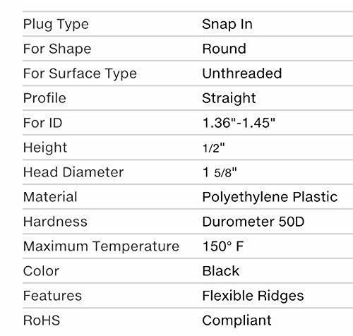 (Pack of 10) 1-5/8" - 1-625 Inch OD Head Dia - (10-14 Ga - 1.36" - 1.45" ID) Snap-in Round Black Plastic Plugs w/Flexible Ridges | Fencing Post Tube Inserts | Fitness Eqpt. End Caps