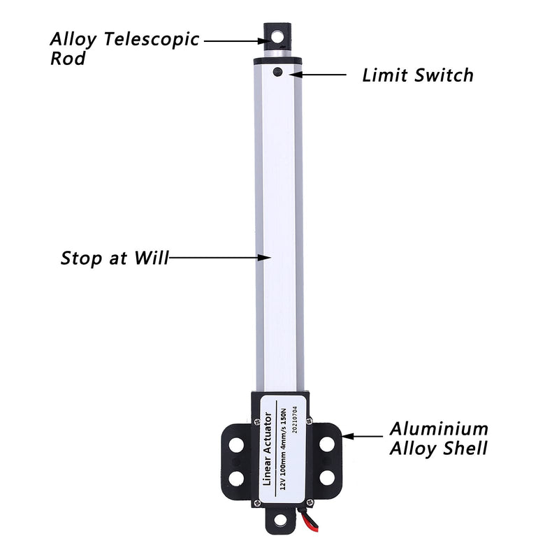 Linear Actuator, 4" Stroke Micro Linear Actuator, 12V DC Built in Limit Switch, Mini Electric Linear Actuator Motor for Home Appliances/Automotive, Low Noise and Short Circuit(Stroke 100mm-8mm/s-70N)