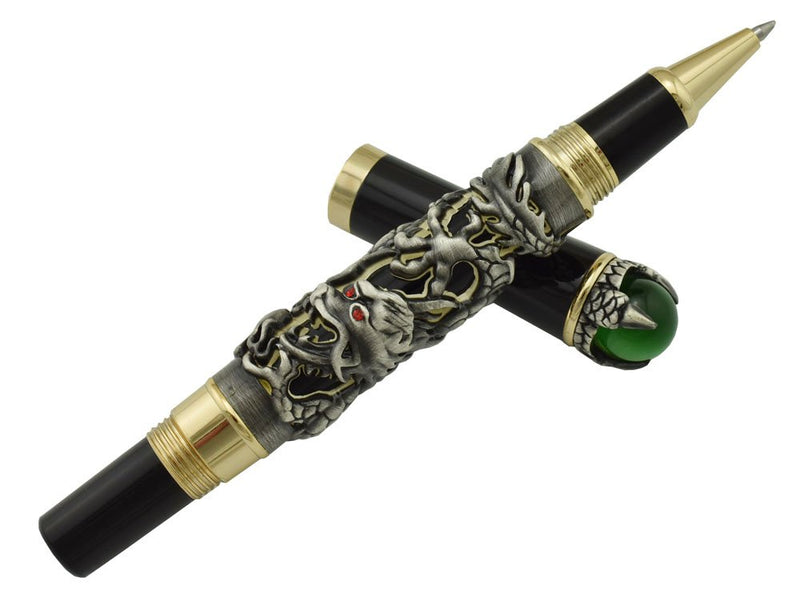 Jinhao Gray Dragon Playing Pearl Roller Ball Pen with Jewelry on Top with Pen Pouch for Journal Writing，Travel Diary