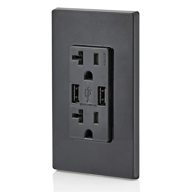 Leviton T5832-E 20-Amp USB Charger/Tamper Resistant Duplex Receptacle, Black, 1-Pack 1 Pack