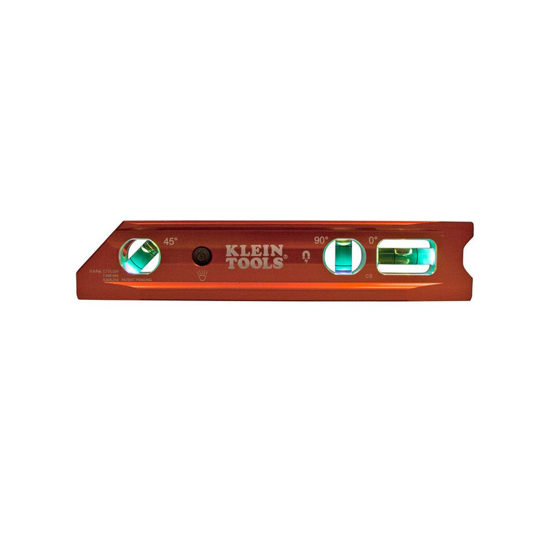 Klein Tools 935RBLT Level, 9-Inch Lighted Torpedo Level with Magnet, 3 Vials and V-Groove, Water and Impact Resistant, For Conduit Bending