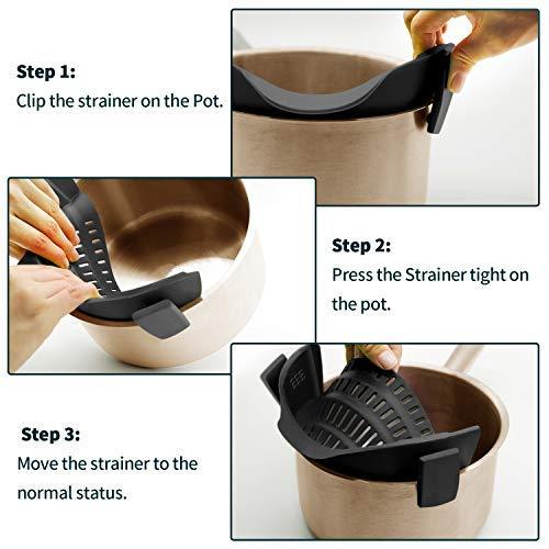 AUOON Clip On Strainer Silicone for All Pots and Pans, Pasta Strainer Clip on Food Strainer for Meat Vegetables Fruit Silicone Kitchen Colander Black