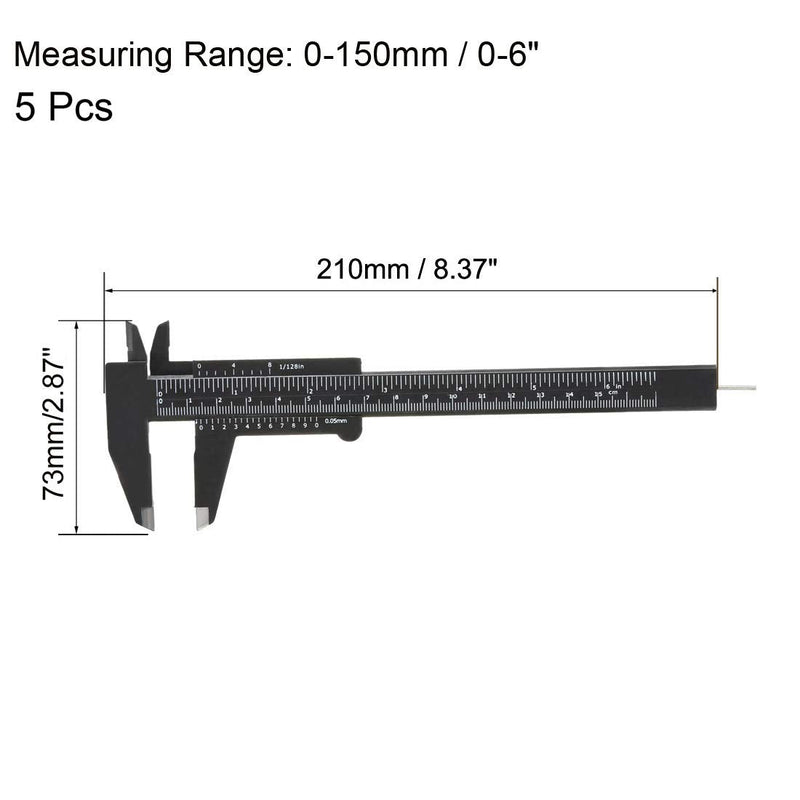 uxcell Vernier Caliper 150mm 6 Inch Metric Double Scale Plastic Ruler Measuring Tool Black 5Pcs