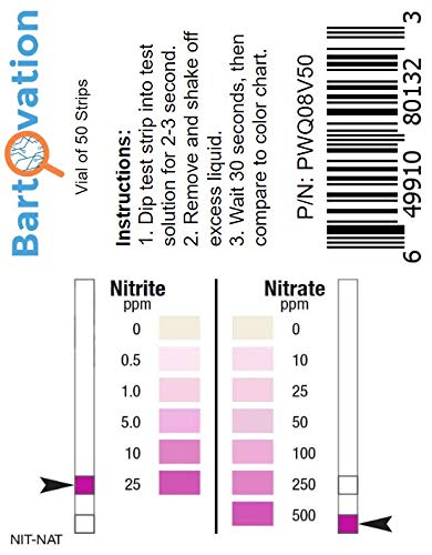 Nitrite 0-25 ppm, Nitrate 0-500 ppm Two Pad Test Strip [Vial of 50 Strips]