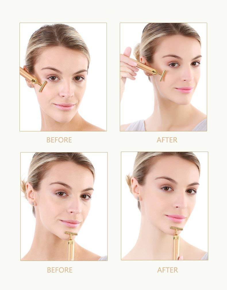 Beauty Bar 24k Golden Pulse Facial Massager, T-Shape Electric Sign Face Massage Tools for Sensitive Skin Face Pull Tight Firming Lift