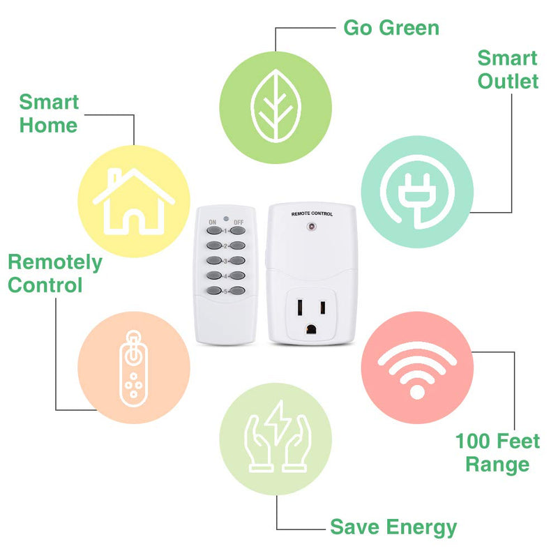 BN-LINK Mini Wireless Remote Control Outlet Switch Power Plug in for Household Appliances, Wireless Remote Light Switch, LED Light Bulbs, White (2 Remotes + 5 Outlets) 1200W/10A