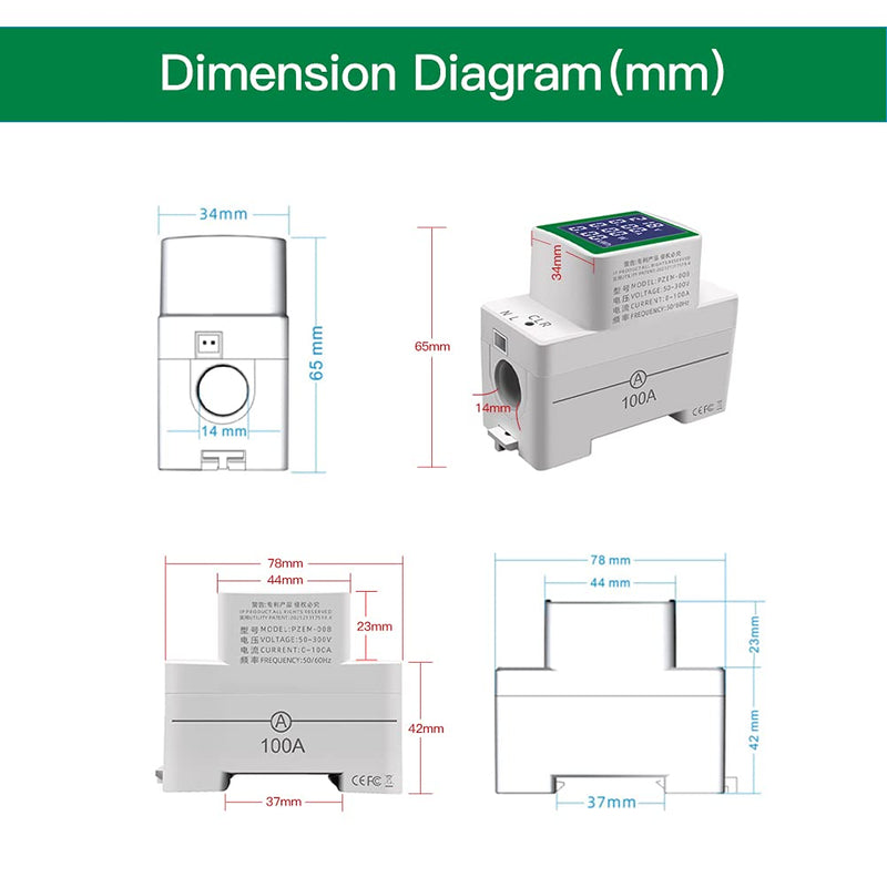 AC 50-300V 100A Multi Function Voltage Amperage Power Meter, Din Rail LCD Digital Backlight Energy Monitor, Built-in Current Transformer Ammeter Voltmeter, Single Phase Tester AC 100A Din Rail Meter