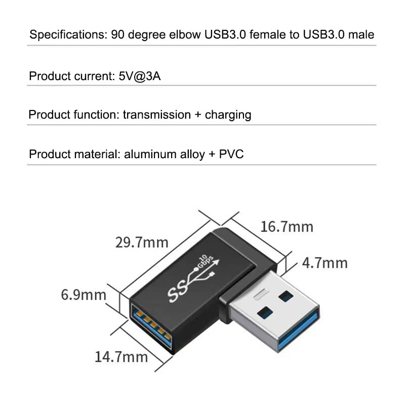 90 Degree Right Angle USB 3.0 Male to Female Expansion Adapter for Connecting Mobile Hard Disk, U Disk, Wireless Network Card, Camera, Mouse, Keyboard, etc. - Black 2pack