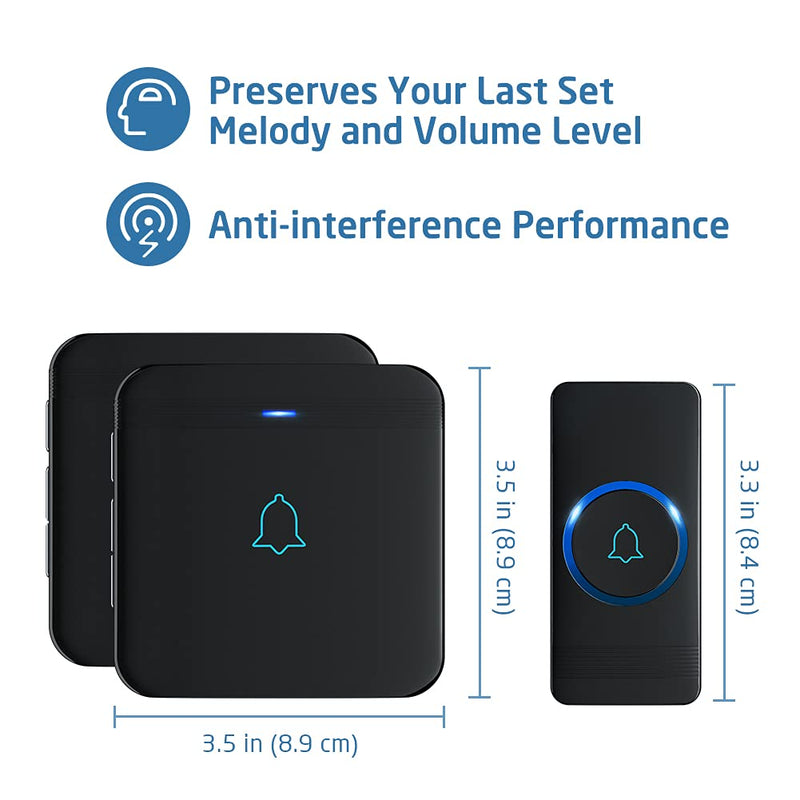 Wireless Doorbell, AVANTEK D-3B Waterproof Door Chime Kit Operating at over 1300 Feet with 2 Plug-In Receivers, 52 Melodies, CD Quality Sound and LED Flash Black