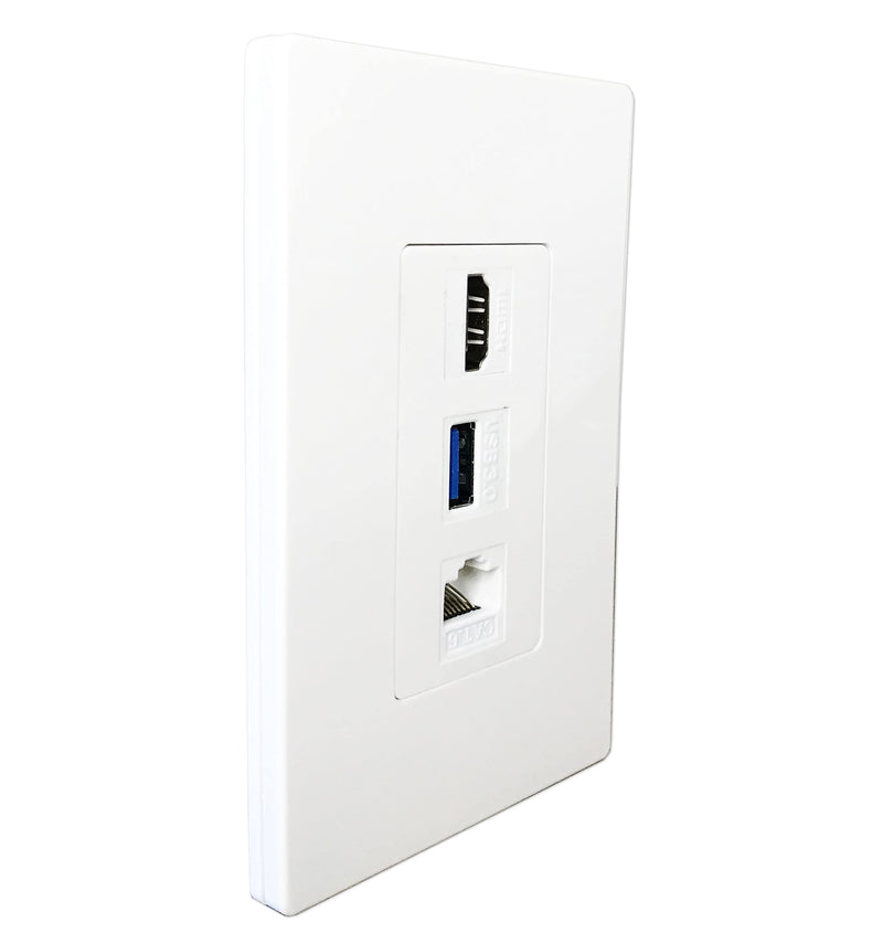 diyTech Premium 1 HDMI, 1 USB, 1 Ethernet Cat 6 RJ45, Pass Through, with Mounting Bracket, for Ethernet HDMI USB Setups, Screwless Wall Plate Outlet - White