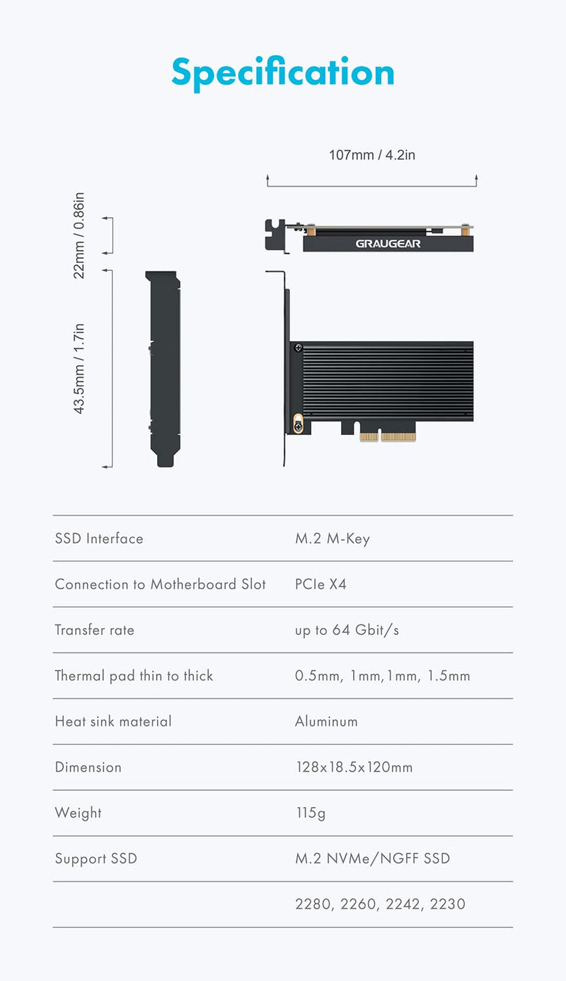 GRAYEAR | M.2 PCIe 4.0 card | for M.2 NVMe SSD | M key | 4X silicone thermal pads | Large aluminum heatsink | 2280, 2260, 2242, 2230 | High + low profile slot bracket | G-M2PCI01