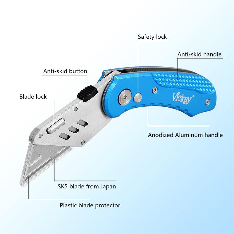 Folding Utility Knife Heavy Duty Box Cutter with 5 SK5 Quick Change Blades, Safety Axis Lock Design Razor Knife, Lightweight Aluminum Body Belt Clip for Office Blue