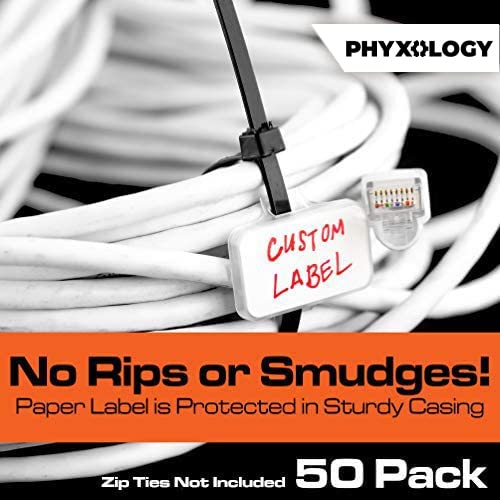 Heavy Duty Zip Tie Labels for Cables and Cords, 50Pk. Durable, Protective Box Attaches to Zip Ties for Easy Cord and Cable Organization. Best Reusable Wire Management Ties. Includes Easy Write Inserts