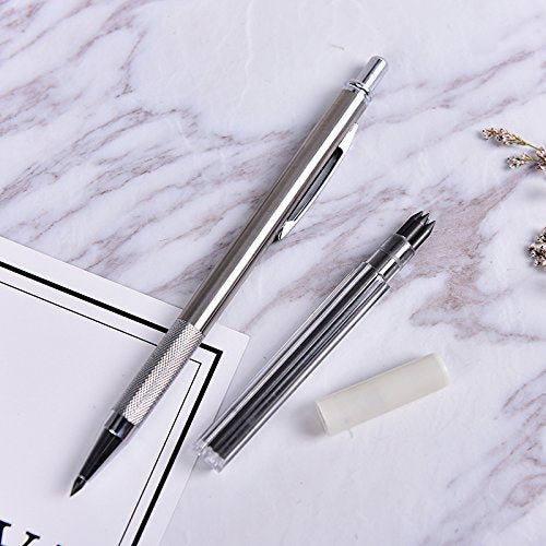 WarmShine 3 PCS 3.0mm Metal Mechanical Drafting Pencil 3.0 Lead Holder Automatic Draughting Mechanical Drafting Pencil + 12 Leads(Silver)