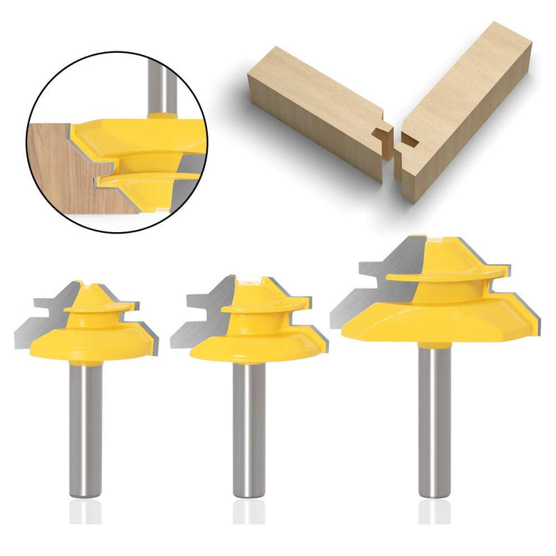 WSOOX 45 degree glue cutter miter milling cutter set, 3 pieces 8 mm shank glue cutter router bit, 45° lock miter router bit woodworking cutting tool for engraving machine trimming machine 3 pieces