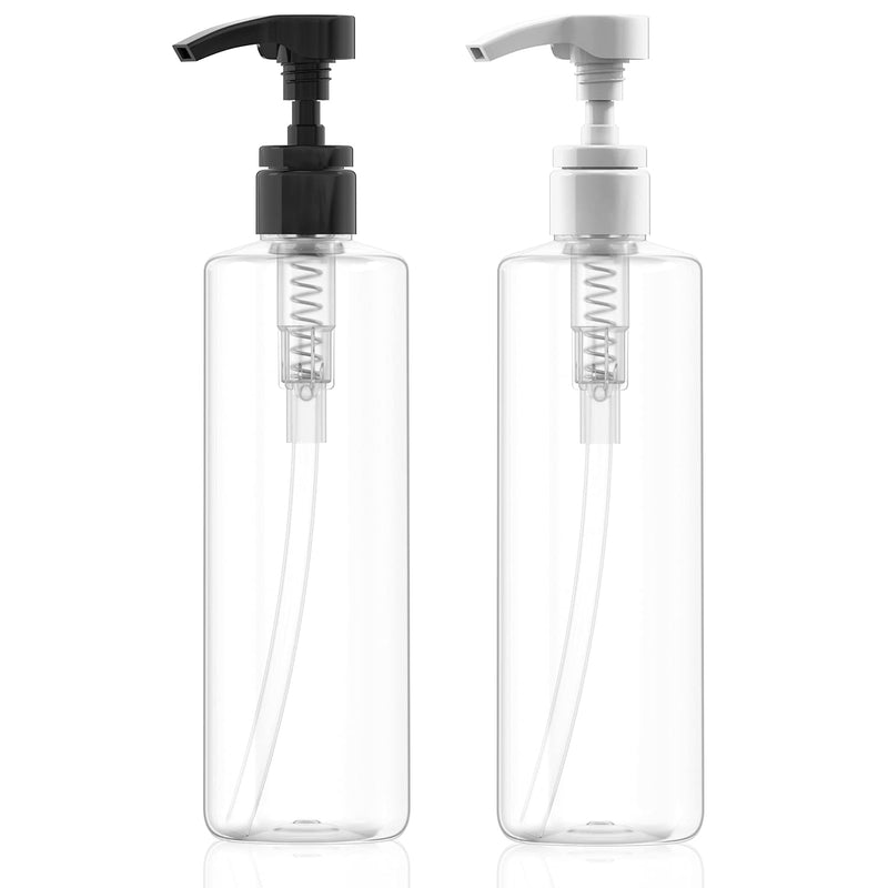 Bar5F Plastic Lotion Bottles with Black & White Pumps, 16 oz | Leak Proof, Empty Clear Cylinder, Refillable, BPA Free for Shampoo, Moisturizer, Face Cream, Liquid Hand Soap | Pack of 2