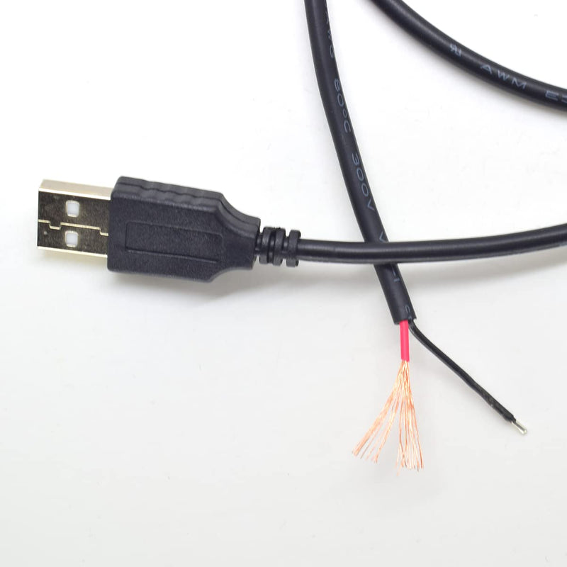 2pcs 1M/3.3Ft 20AWG USB 2.0 Male Plug 2pin Wire DIY Pigtail Cable 5V 5A Black USB Power with 2-Position Spring Wire Connector