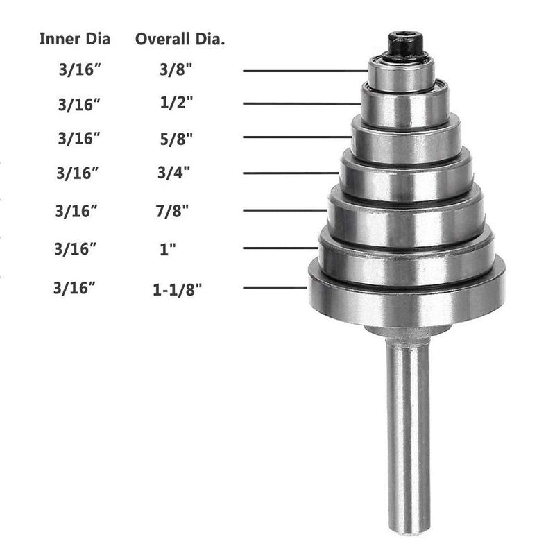 Eyech 7PC Metal Bearings Replacement Kit Deep Groove Ball Bearing Accessory Bit for Router Bit -Inner Dia. 3/16" & Overall Dia. 3/8", 1/2", 5/8", 3/4", 7/8", 1", 1-1/8"
