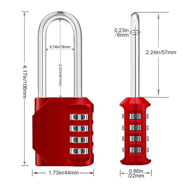 ZHEGE 2.2 Inch Long Shackle Combination Lock, 4 Digit Resettable Weatherproof Padlock for School, Gym & Employee Locker, Outdoor, Fence RedL1